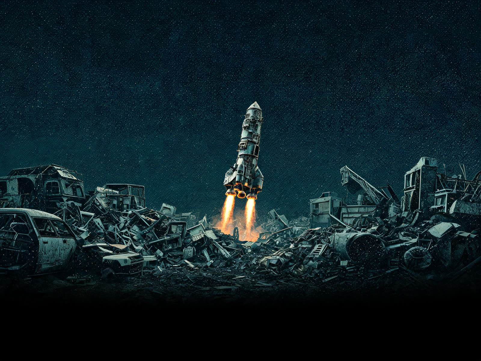 A weathered rocket lifting off from a junkyard of scrapped machinery under a starry night sky, flames igniting beneath it