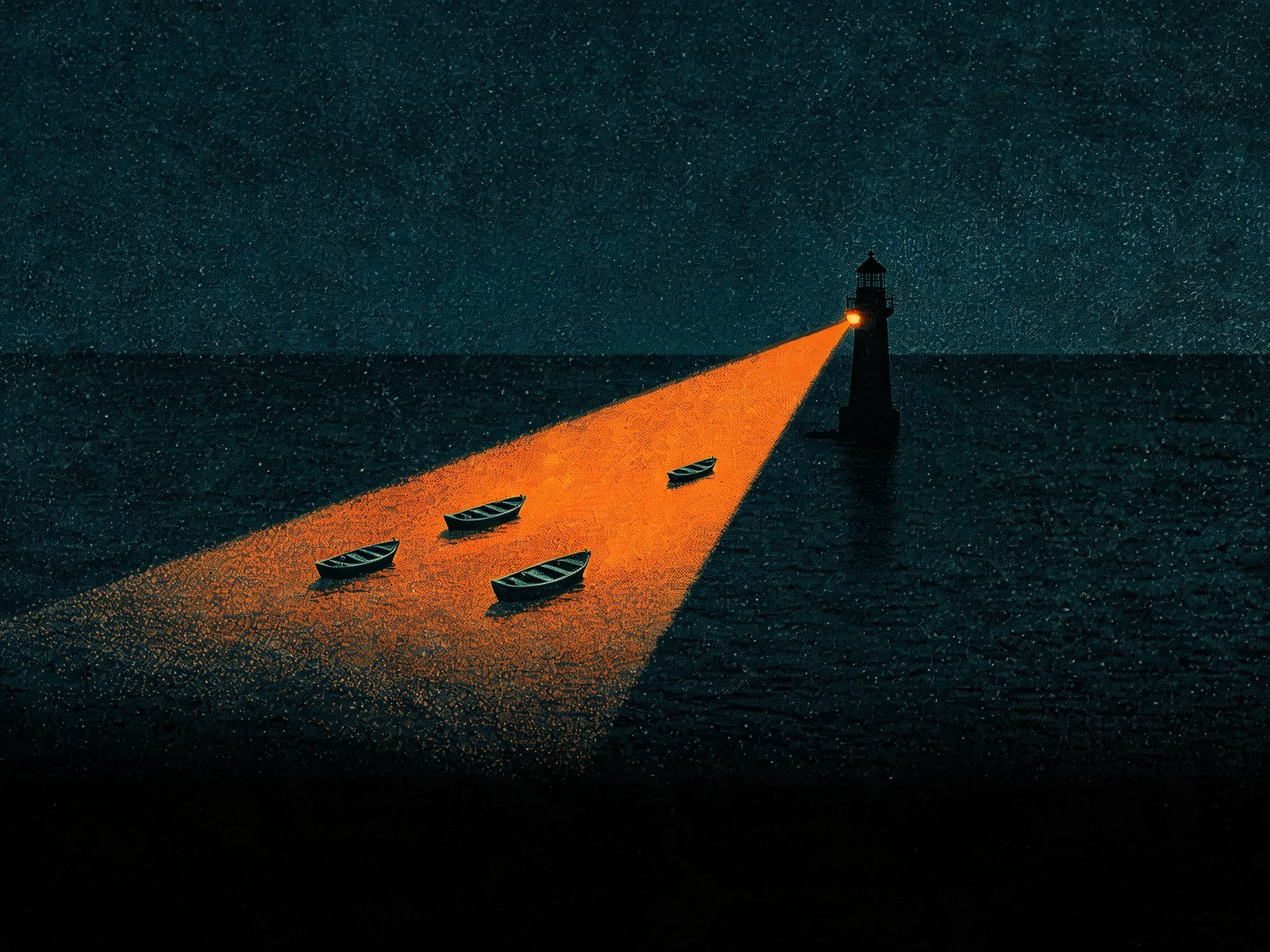 A lighthouse casting a single beam of orange light across dark water, several small rowboats sailing within the beam toward it